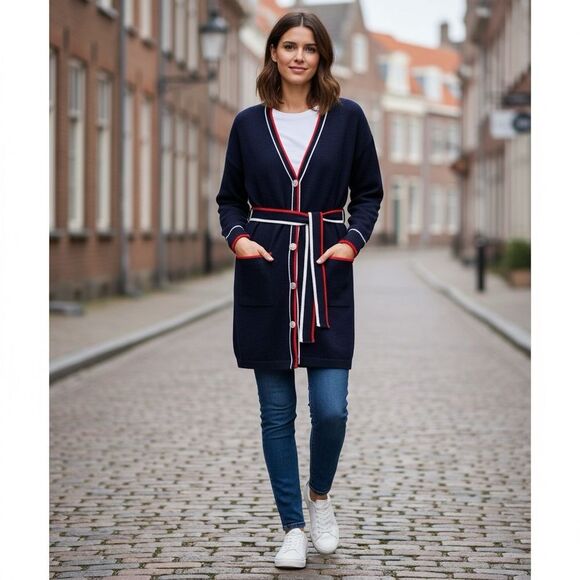 VIGOSS Navy Longline Cardigan Sweater Sz L Pearl Buttons Red White Trim Pockets - Picture 1 of 15